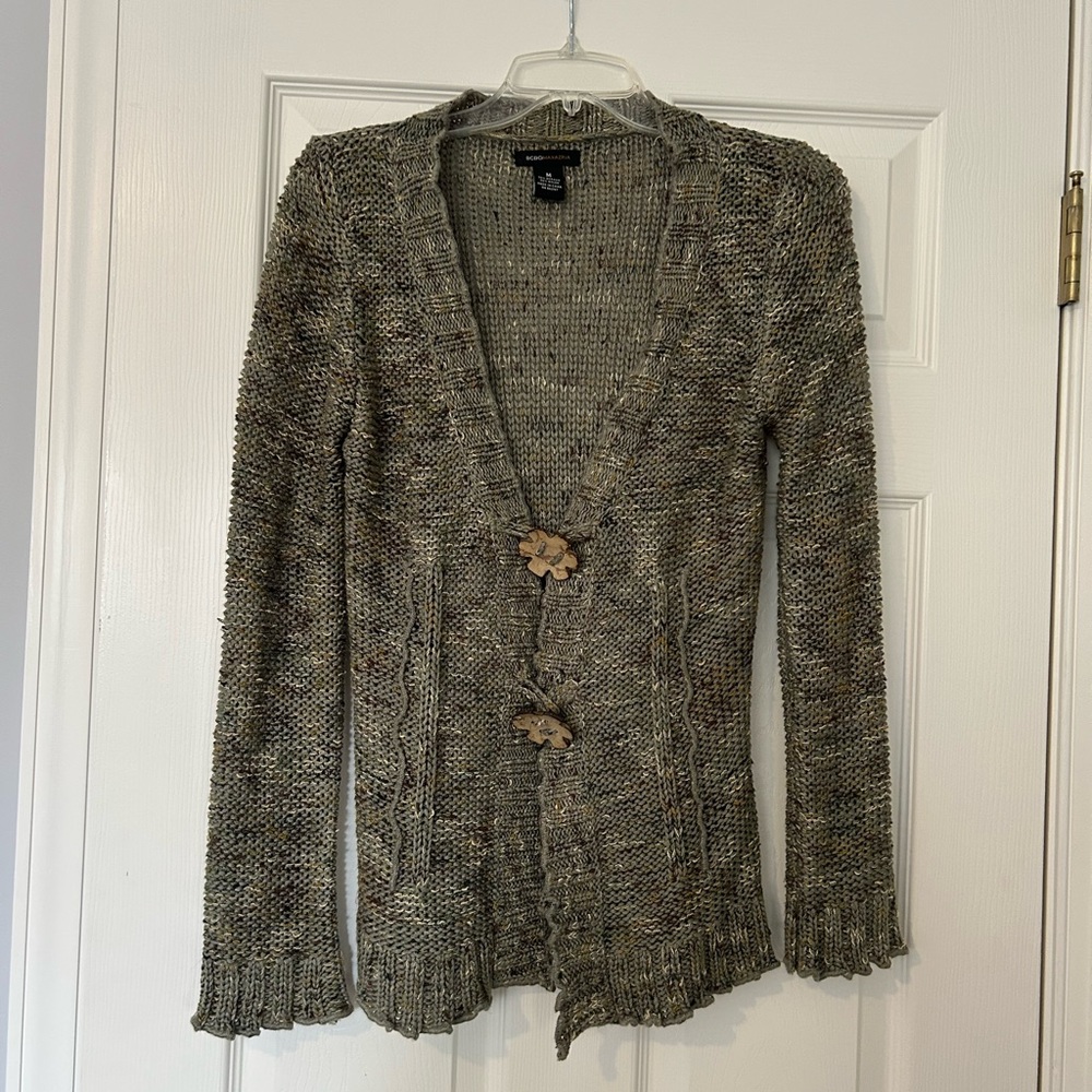 BCBGMaxAzria Green Cardigan Sweater with Scalloped Edges